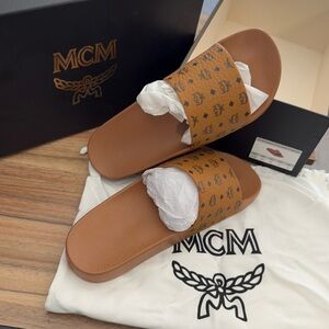 New MCM with box monogram print slide cognac sz 9
